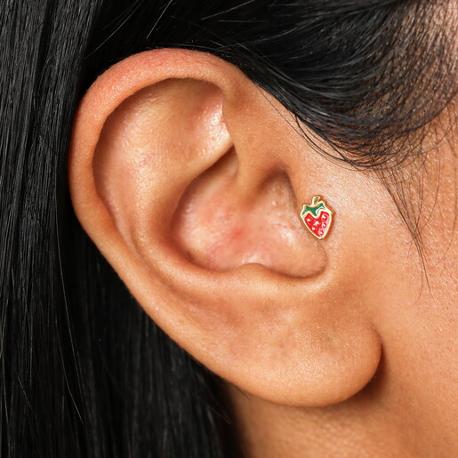 Sterling Silver Enamel Strawberry Piercing Earring in Gold