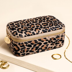 Leopard Print Velvet Rectangular Jewellery Case in Brown