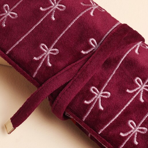 Close Up of Burgundy Bow Embroidered Velvet Jewellery Roll