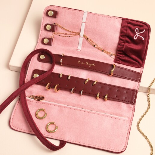 Open Burgundy Bow Embroidered Velvet Jewellery Roll