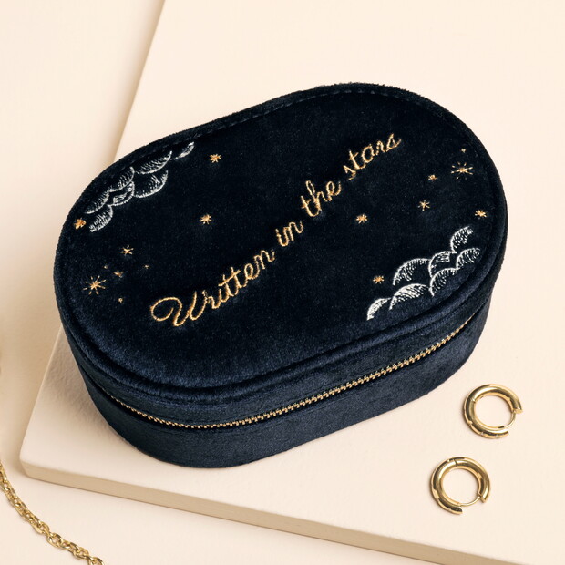 'Written In The Stars' Velvet Oval Jewellery Case in Navy