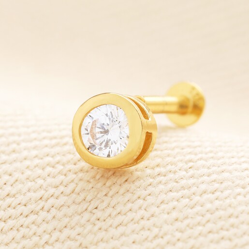 Sterling Silver Flush Set Crystal Piercing Earring in Gold