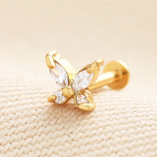 Sterling Silver Crystal Butterfly Piercing Earring in Gold