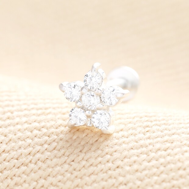 Sterling Silver Crystal Flower Piercing Earring