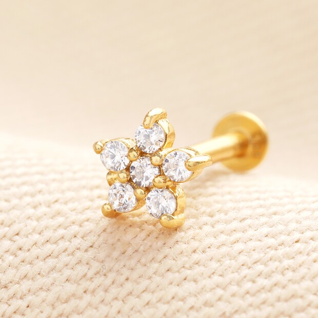 Sterling Silver Crystal Flower Piercing Earring in Gold Sterling Silver Crystal Flower Piercing Earring in Gold