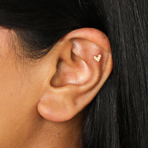 Sterling Silver Crystal Heart Piercing Earring in Gold