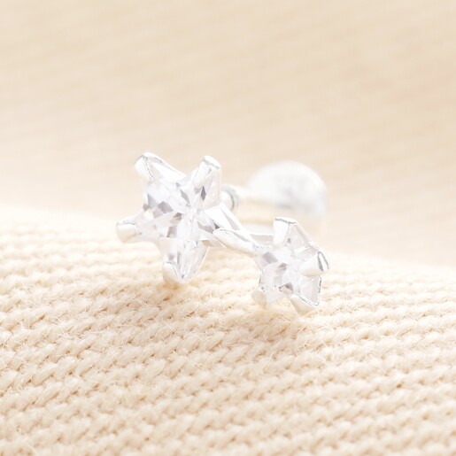 Sterling Silver Crystal Double Star Piercing Earring