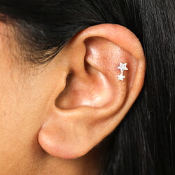 Sterling Silver Crystal Double Star Piercing Earring