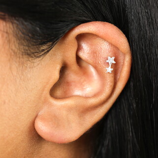 Sterling Silver Crystal Double Star Piercing Earring