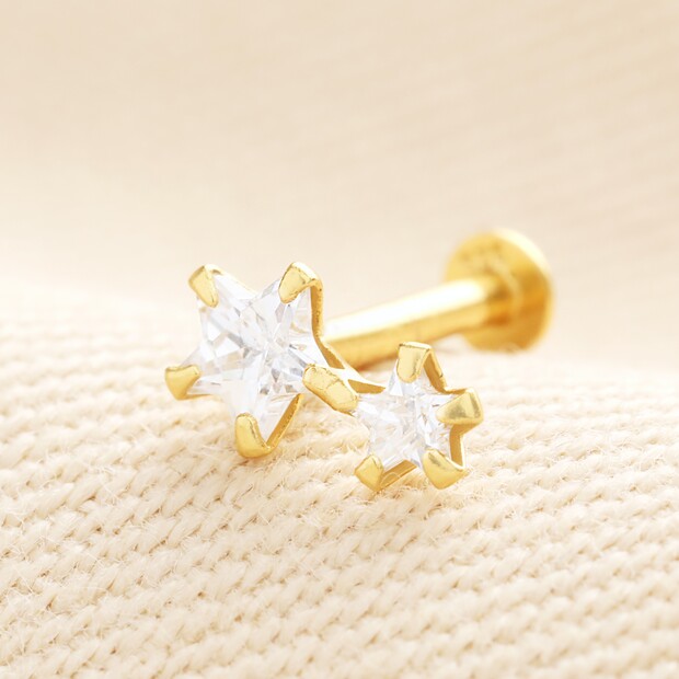 Sterling Silver Crystal Double Star Piercing Earring In Gold Sterling Silver Crystal Double Star Piercing Earring In Gold