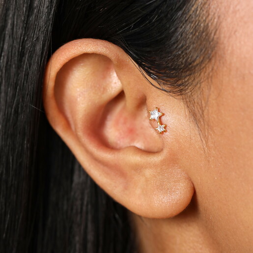 Sterling Silver Crystal Double Star Piercing Earring In Gold