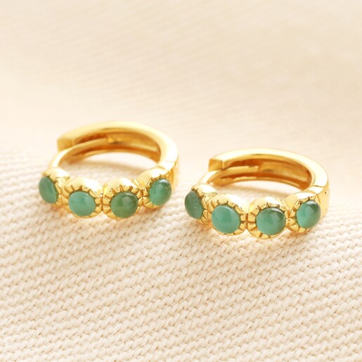 Sterling Silver Jade Huggie Hoop Earrings in Gold