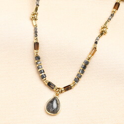 Semi Precious Black and Grey Beaded Pendant Necklace in Gold