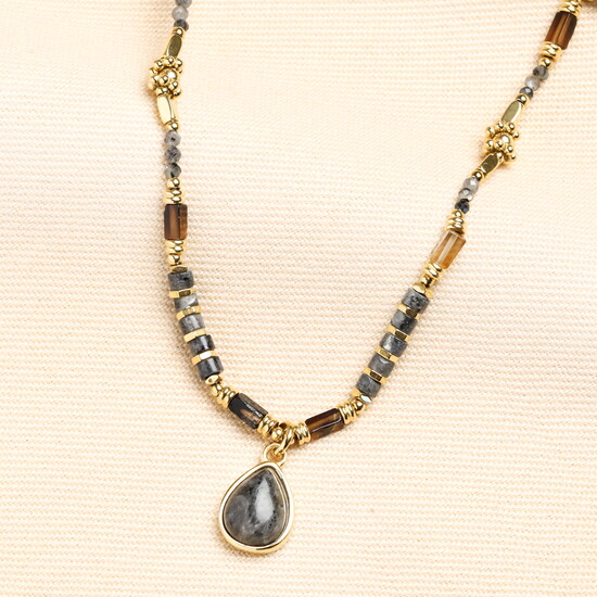 Semi Precious Black and Grey Beaded Pendant Necklace in Gold
