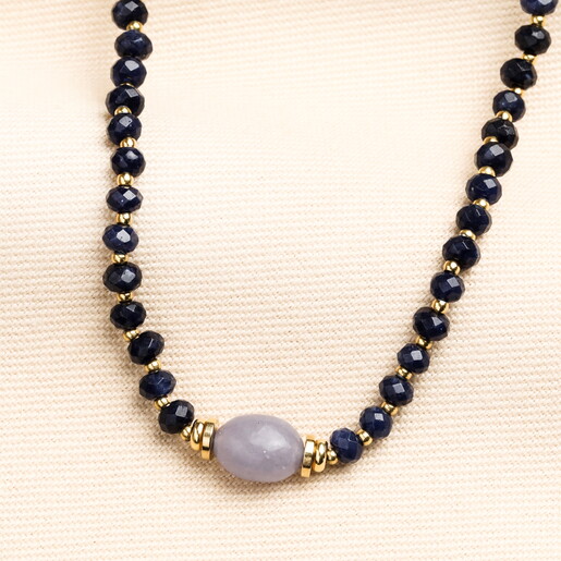 Semi Precious Stone Navy Beaded Necklace in Gold
