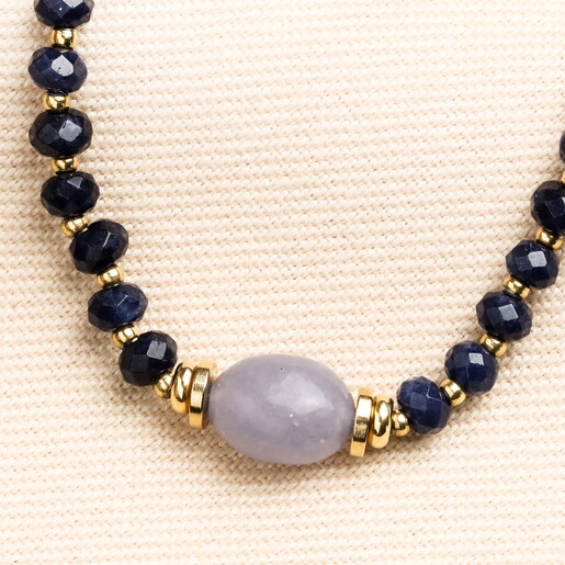 Semi Precious Stone Navy Beaded Necklace in Gold