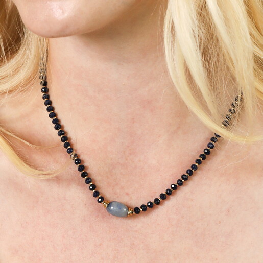 Semi Precious Stone Navy Beaded Necklace in Gold