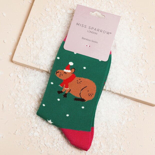 Miss Sparrow Green Christmas Capybara Bamboo Socks
