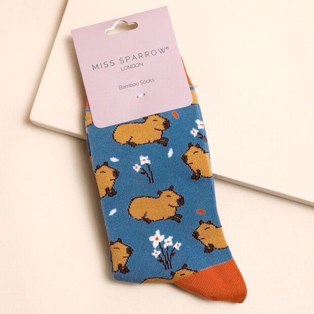 Miss Sparrow Cute Capybara Socks in Denim