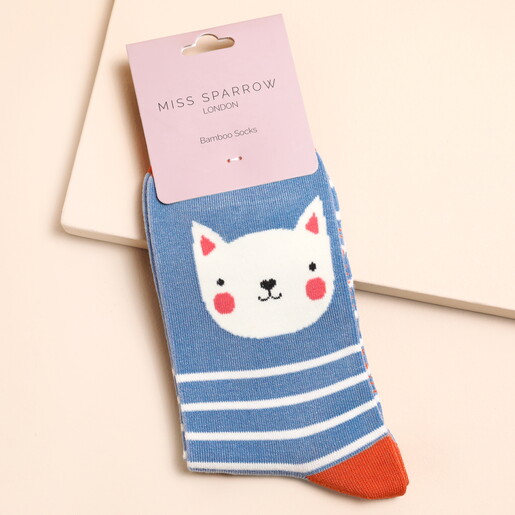 Miss Sparrow Kitty Stripe Socks in Powder Blue