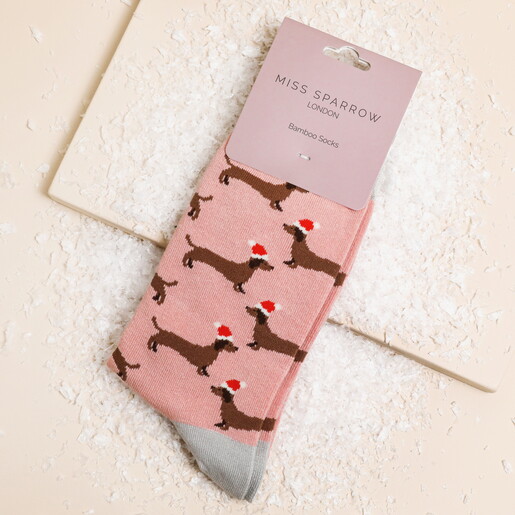 Miss Sparrow Santa Sausage Dog Bamboo Socks in Dusky Pink