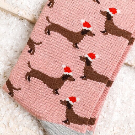 Close Up of Miss Sparrow Santa Sausage Dog Bamboo Socks in Dusky Pink
