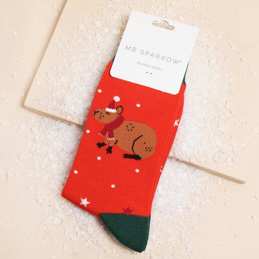 Mr Sparrow Red Christmas Capybara Bamboo Socks