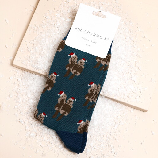 Mr Sparrow Festive Otters Bamboo Socks in Navy