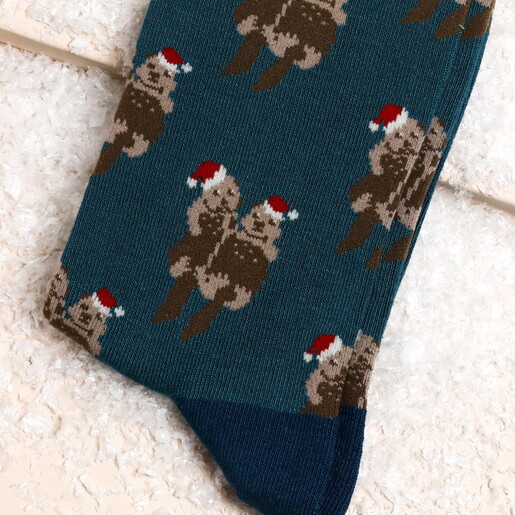 Close Up of Mr Sparrow Festive Otters Bamboo Socks in Navy