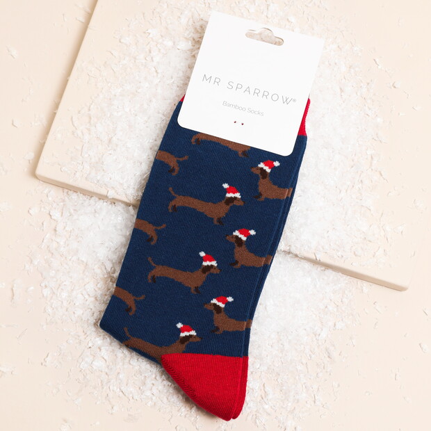 Mr Sparrow Navy Sausage Dog Santa Bamboo Socks