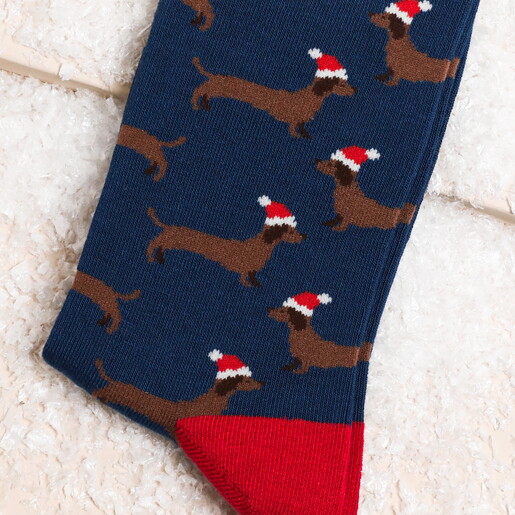 Mr Sparrow Navy Sausage Dog Santa Bamboo Socks