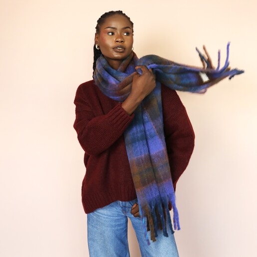 Model Wearing Blue and Brown Tartan Winter Scarf