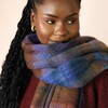 Close Up of Blue and Brown Tartan Winter Scarf on Model