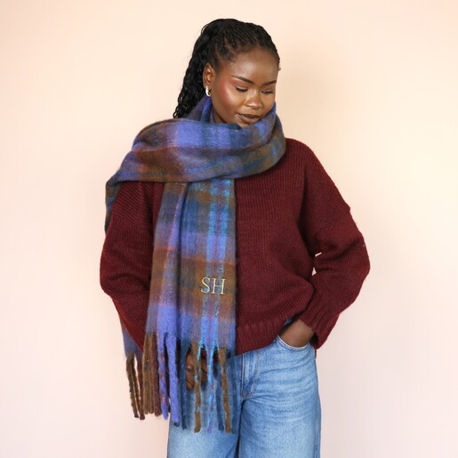 Scarf on Model Personalised Blue and Brown Tartan Winter Scarf on Model