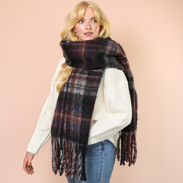 Burgundy and Grey Tartan Winter Scarf