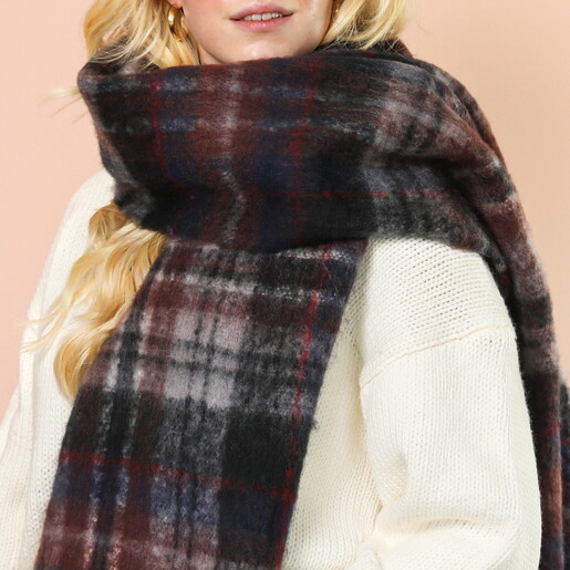 Burgundy and Grey Tartan Winter Scarf