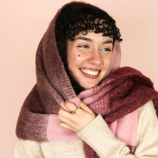 Model shot of Burgundy and Pink Striped Winter Scarf
