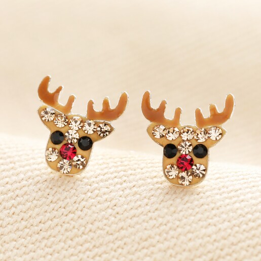 Sterling Silver Crystal Festive Reindeer Stud Earrings