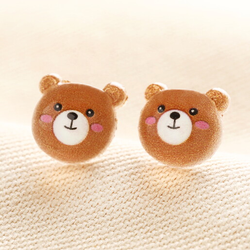 Enamel Brown Bear Stud Earrings
