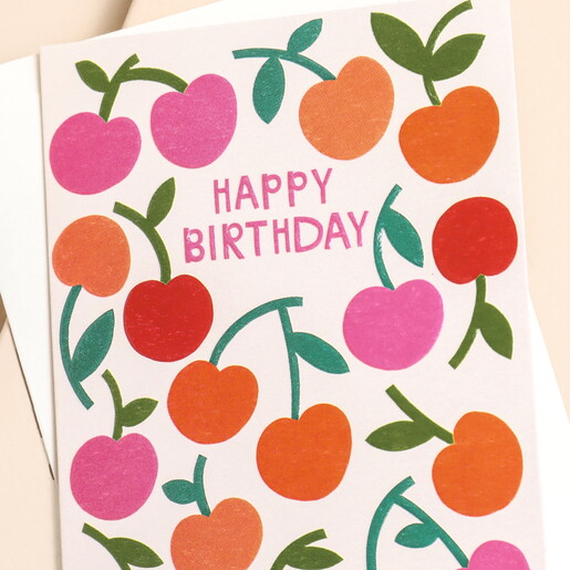 Raspberry Blossom 'Happy Birthday' Cherries Mini Greetings Card