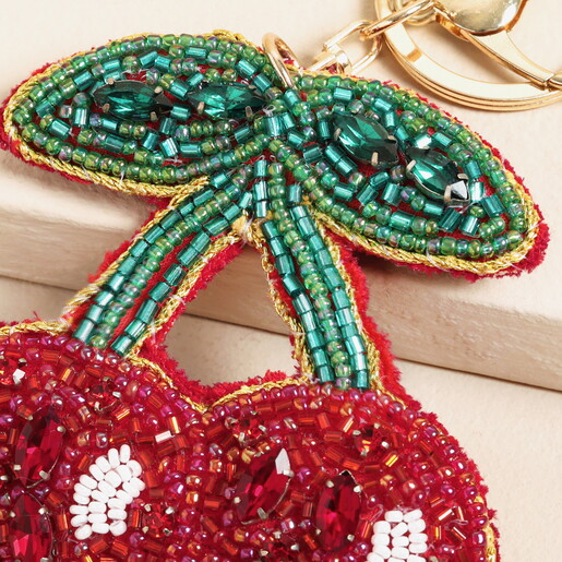 Close Up of Beaded Cherry Keyring and Bag Charm