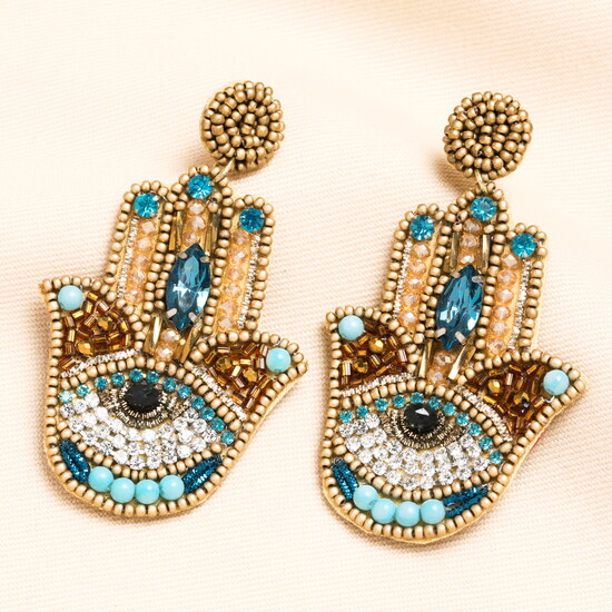 Beaded Rainbow Hamza Hand Drop Earrings