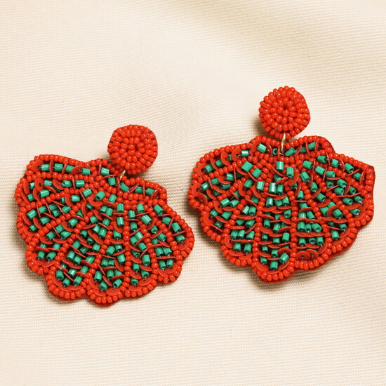 Beaded Red & Green Shell Drop Earrings
