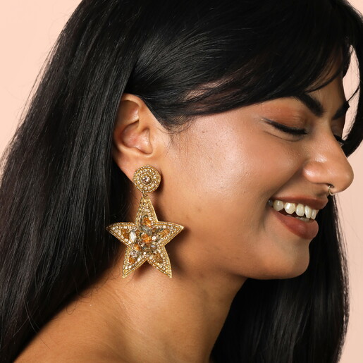 Beaded Star Drop Earrings in Gold