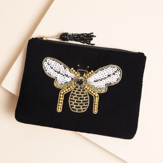 Black Velvet Bee Embroidered Pouch