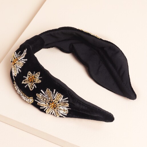 Black Velvet Floral Embroidered Headband