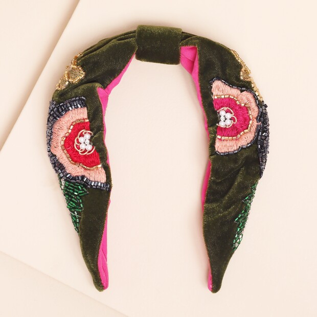 Green Velvet Floral Embroidered Headband Green Velvet Floral Embroidered Headband