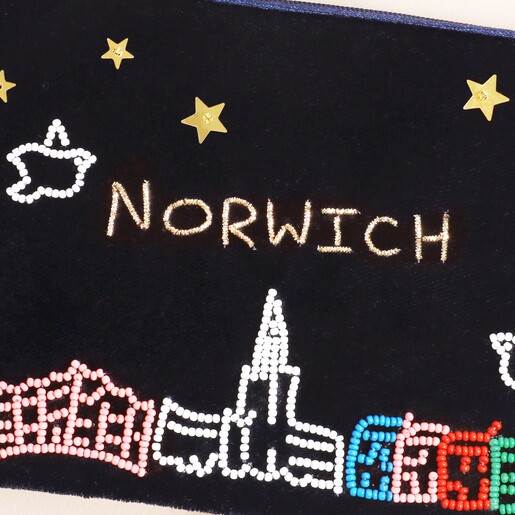 Close Up of Navy Velvet Norwich Embroidered Pouch