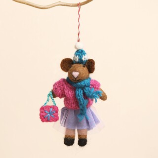 Felt Festive Brown Mouse with Party Outfit Hanging Decoration