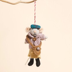 Felt Festive Grey Mouse with Tartan Hat Hanging Decoration